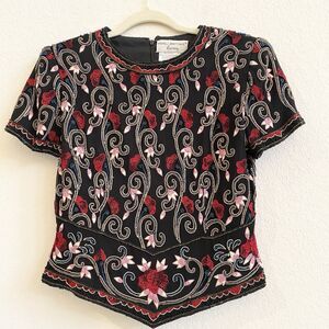 Vintage‎ Papell Boutique Evening Beaded Embroidery 100% Silk Top Small Black Red